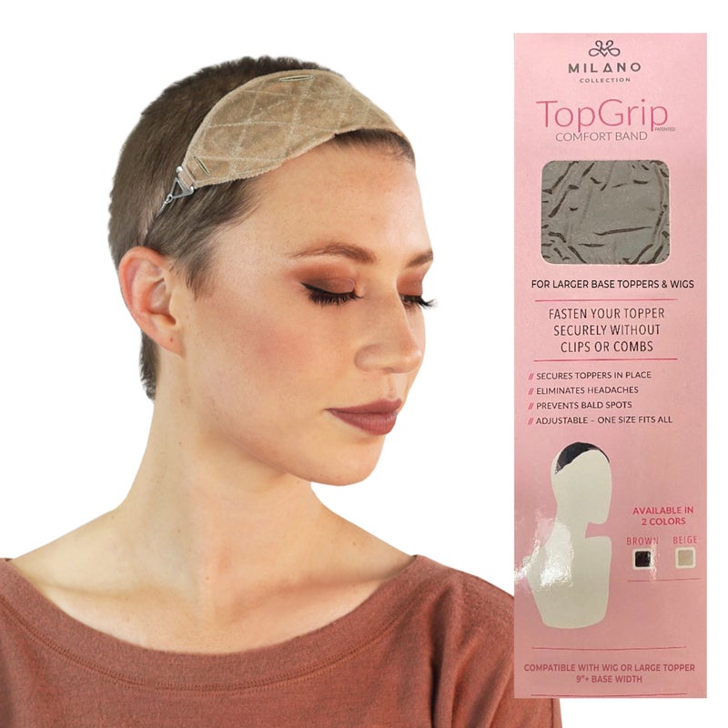 MILANO COLLECTION Glueless Top Grip for Hair Topper & Wiglets, Adjustable Translucent Strap with Side Openings, Top Headband for Your Wig or Topper, Includes Clips, Beige, Large - Image 1
